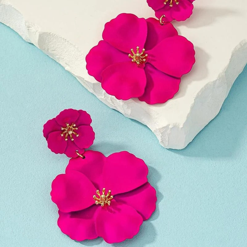Women Fuchsia Flower Drop Earrings Gold Plating