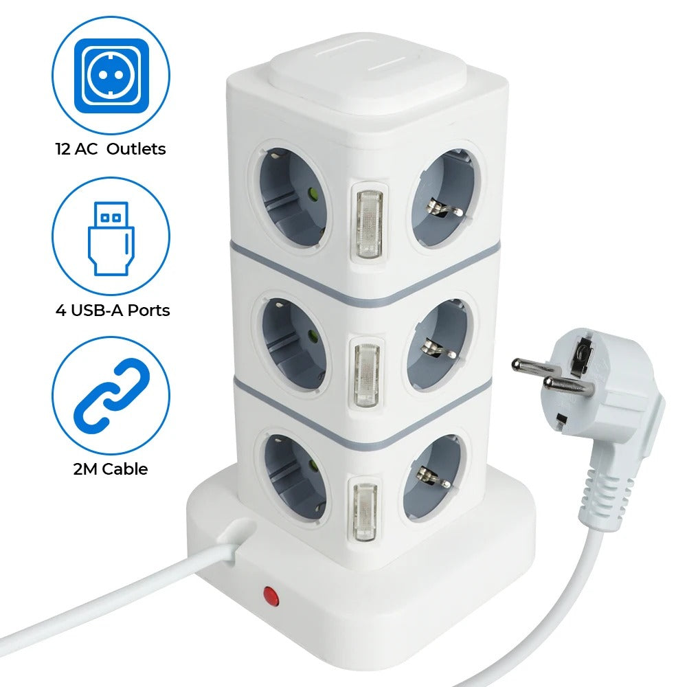 Tower 12 Way Outlets Socket Multi Power Strip Vertical 2.8m Extension Cord EU