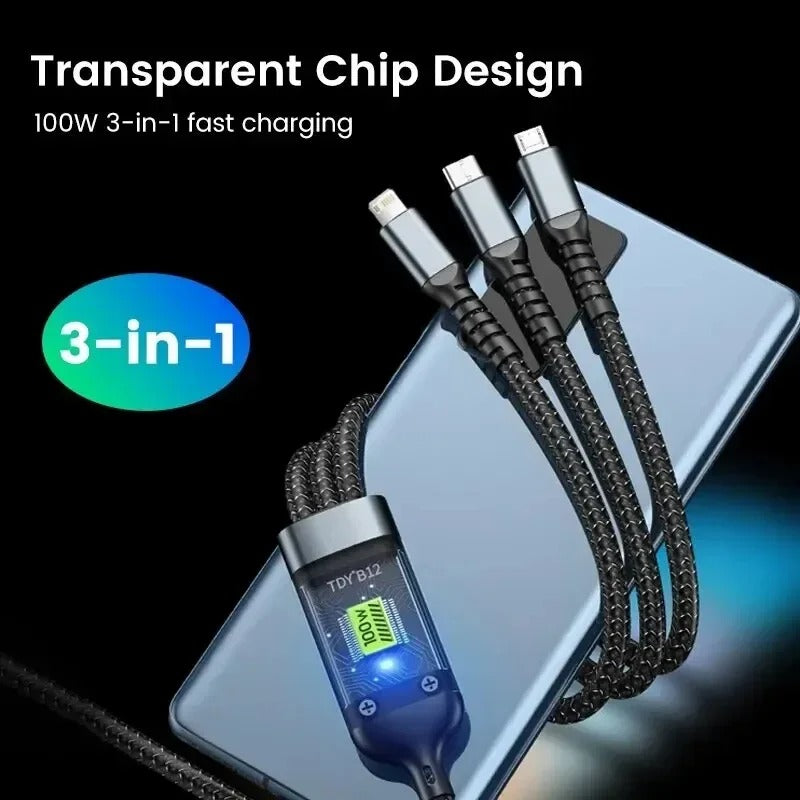 100W Luminous data cable 3 in1 mobile phone charging cable