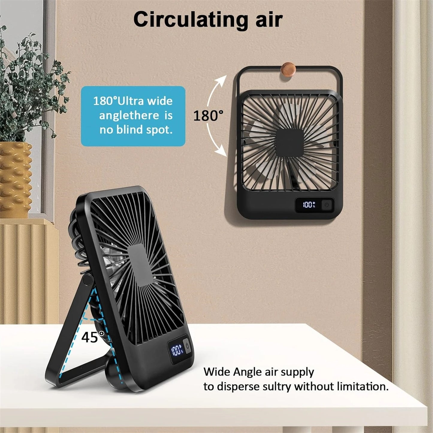 Desk Fan, Portable USB Rechargeable Fan, 180° Tilt Folding Personal Fan With Power Display