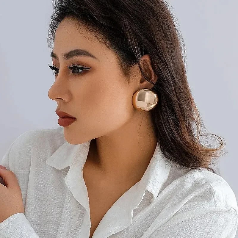 Smooth Round Earrings For Women Big Ball Metal Stud