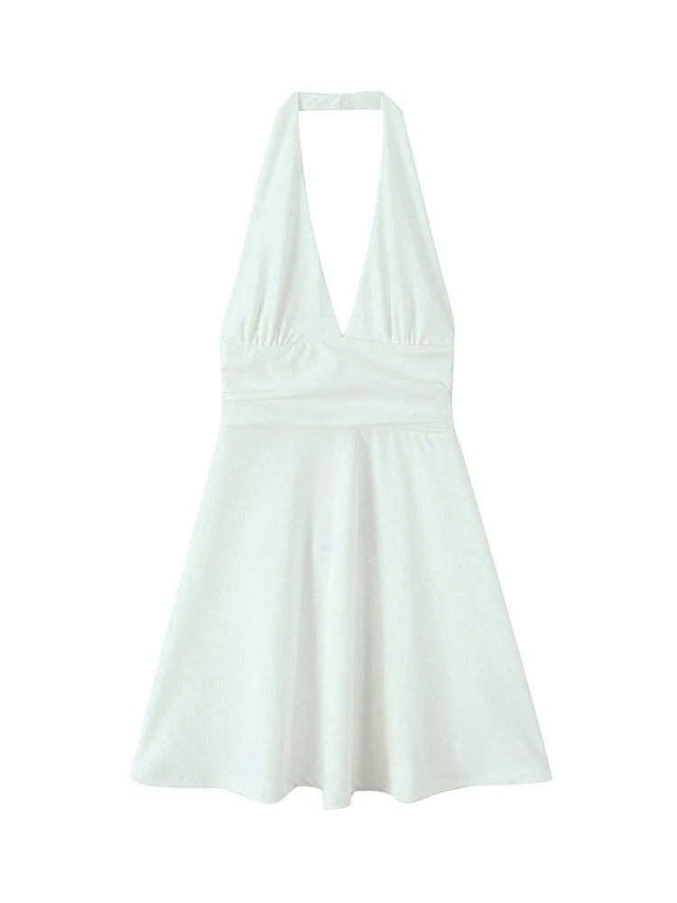 Women Fashion Gathered Mini Dress Halter Neck Backless