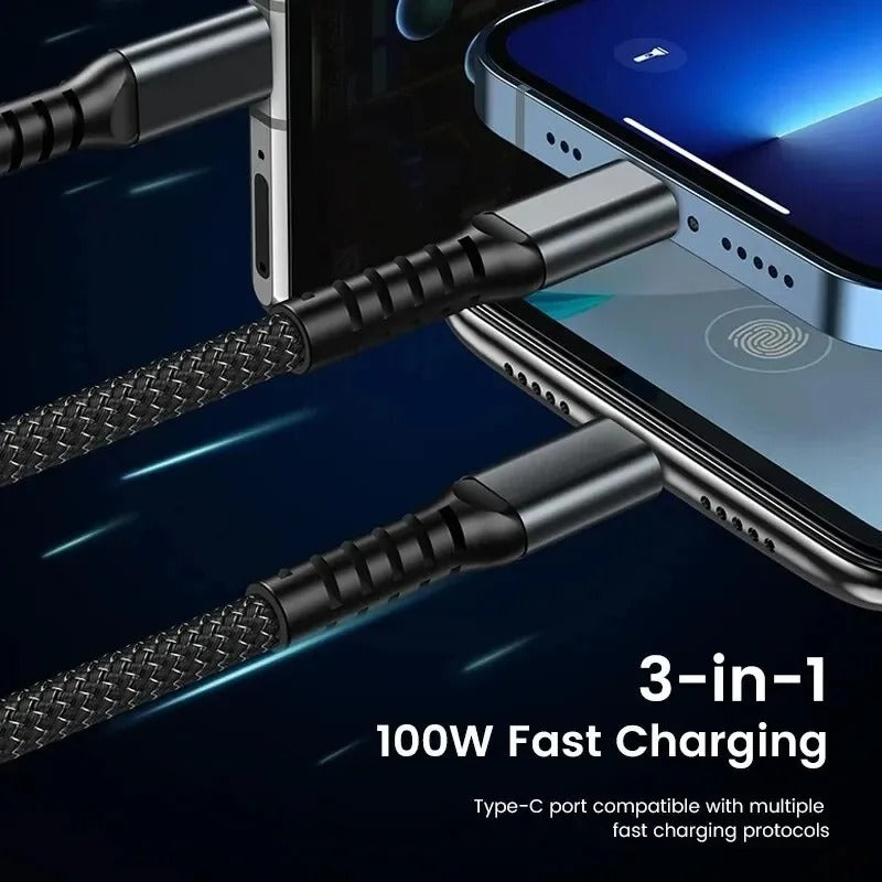 3 in 1 100W Fast Charging Cable USB Type C Cable