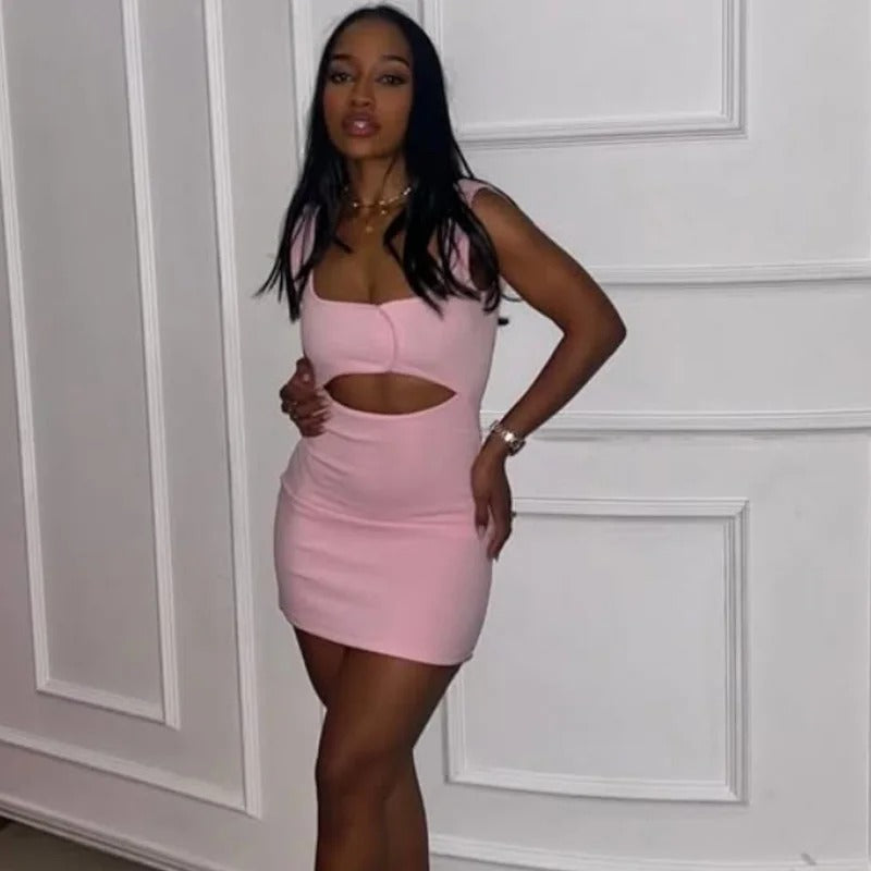 Cut Out Short Dresses 2025 Woman Summer Sleeveless Solid Party Dress