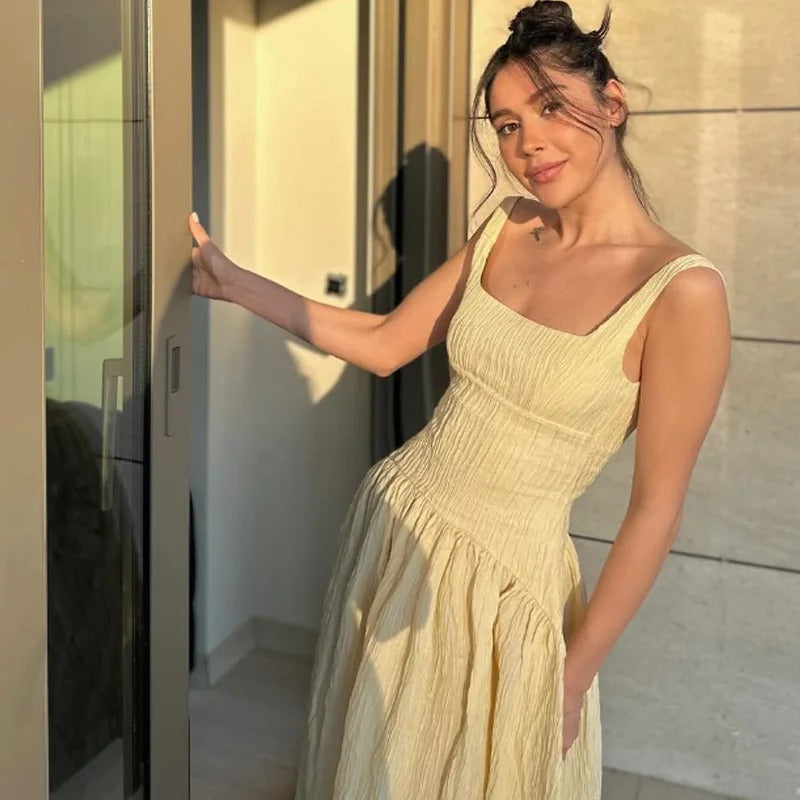 Sleeveless Midi Dresses 2025 Woman Summer Slip Yellow Dress