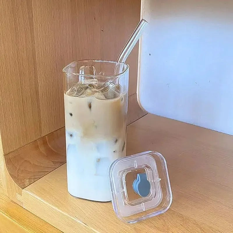 1Pcs Square Heat Resistant Coffee Glass Cup With Lid and Straw Transparent