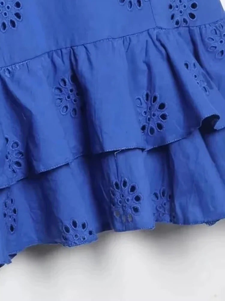 Women Fashion With Ruffled Cutwork Embroidery Mini Dress