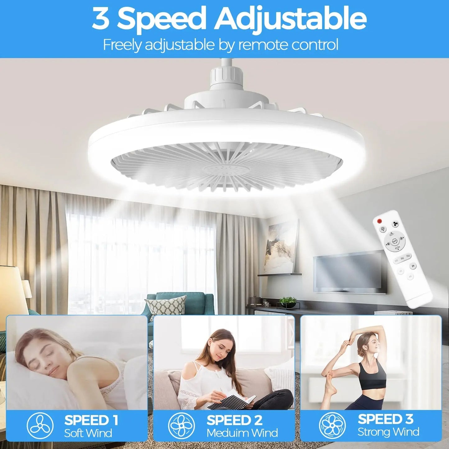 Socket Ceiling Fan With Light E27 3 Fan Speeds Dimmable 3 Light Colors Easy