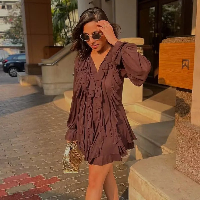 Ruffle Short Dresses 2025 Woman Pleated Long Sleeve Women's