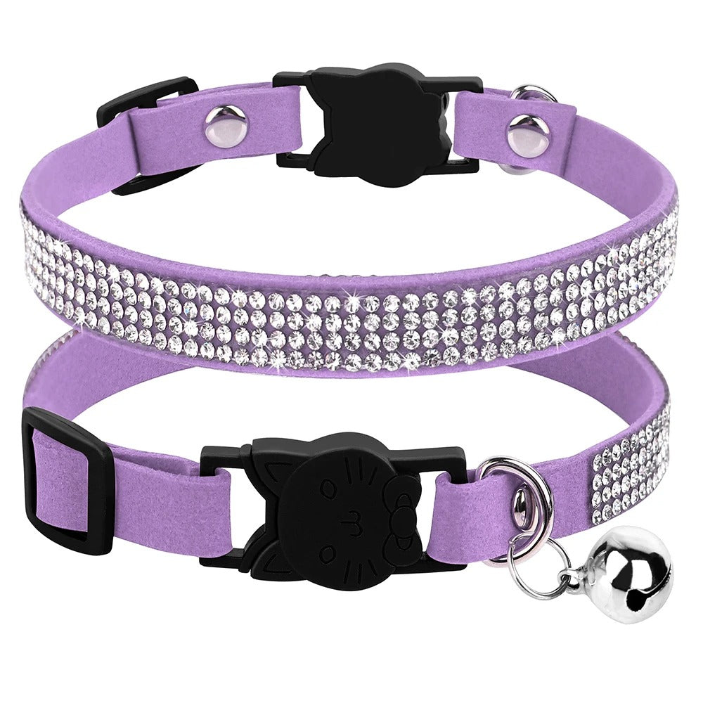 Soft Suede Leather Cat Collar Bling Rhinestone Cats Collars