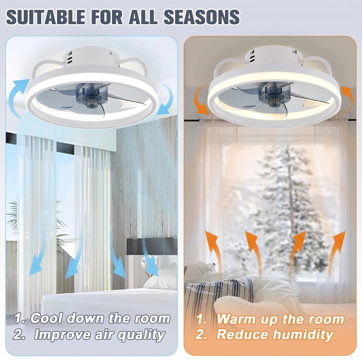 Modern LED ceiling fan with adjustable two-way blade timer and remote control tri-color