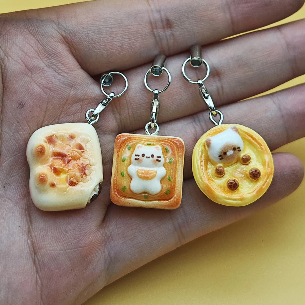 3pcs Set Japanese Style Cute Cat Bread Phone Keychains