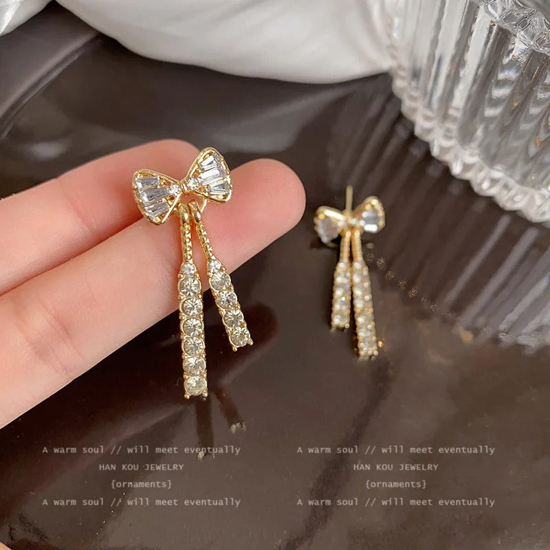 Gold Color Shiny Bow Stud Earrings For Women