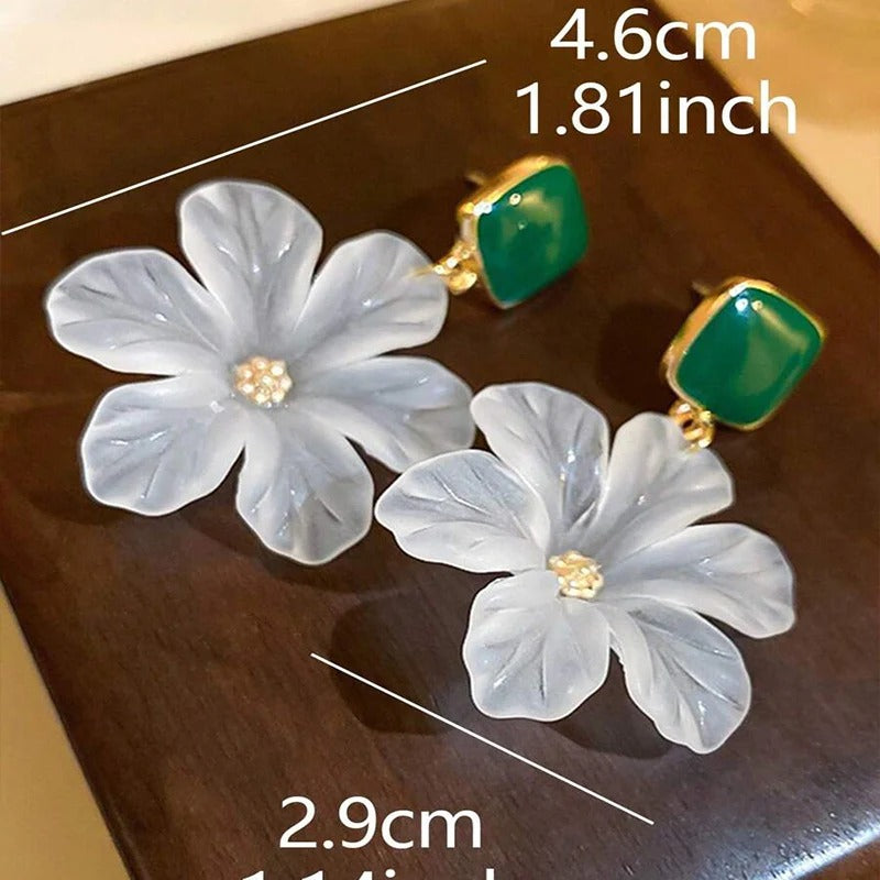 White Flower Charm Square Metal Green Epoxy Drop Earrings