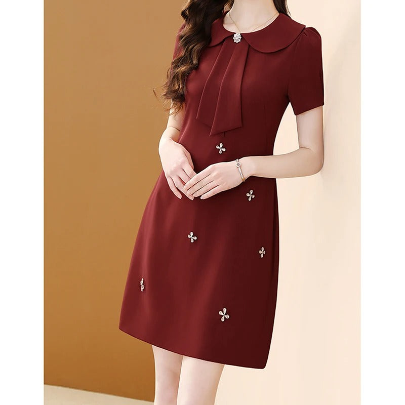 Woman Peter Pan Collar Solid Color Zipper A-line Skirt Light