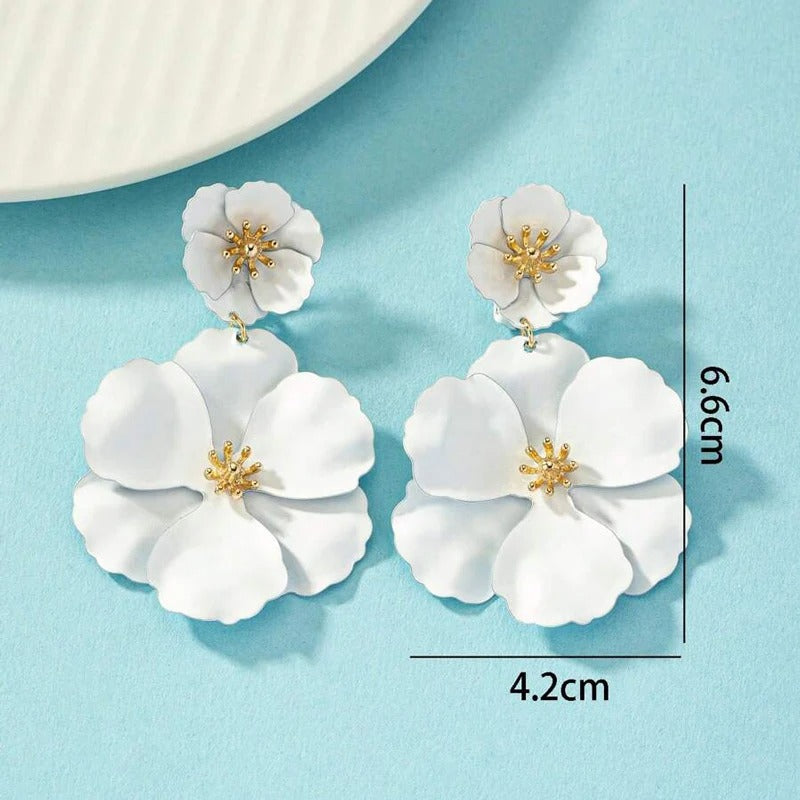 Women Fuchsia Flower Drop Earrings Gold Plating