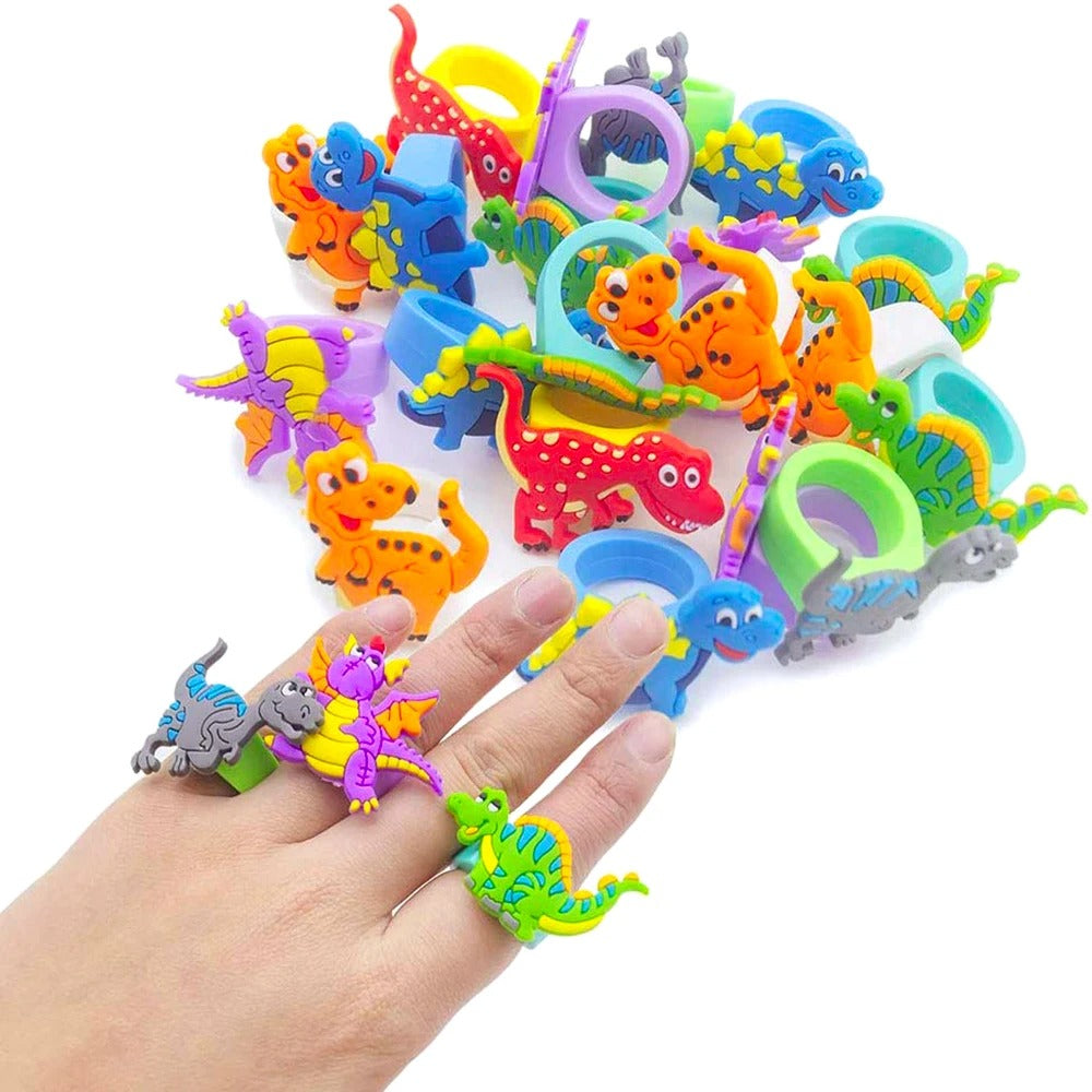 12pcs Cartoon Dinosaur Rubber Rings Soft Dino Ring Kids