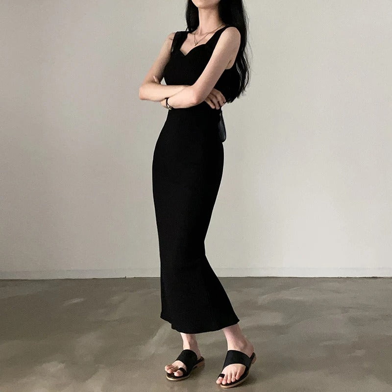 Basic Knit Long Dress Korean Fashion Square Collar Sleeveless