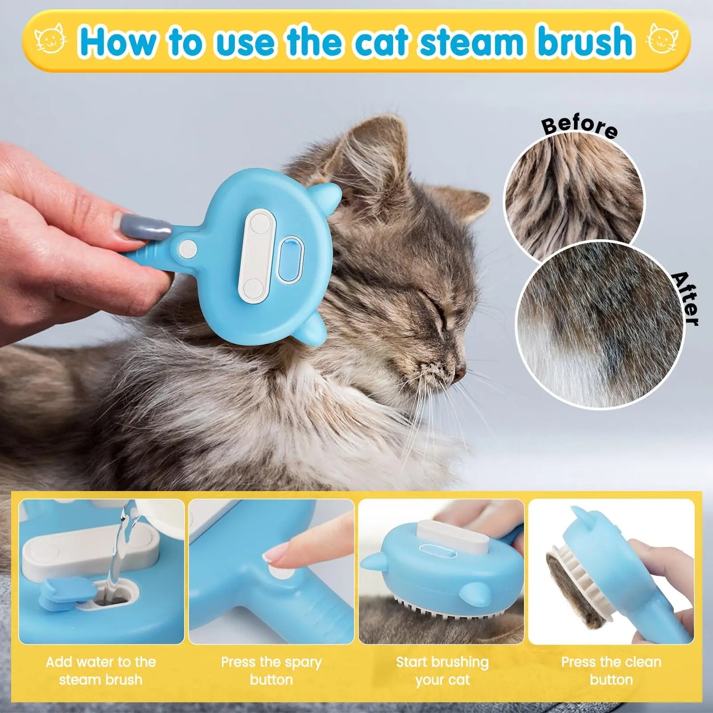 Cat Steam Brush 3 in 1 Pet Hair Grooming Tool Supply