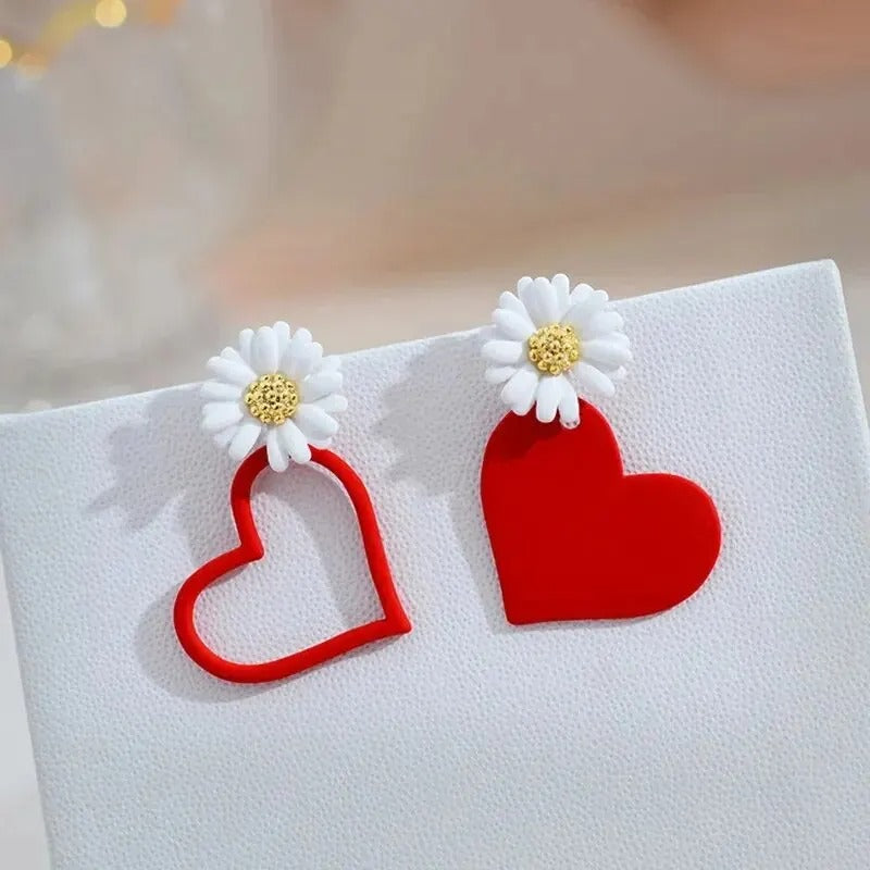 White Flower Red Heart Earring Stud Neon