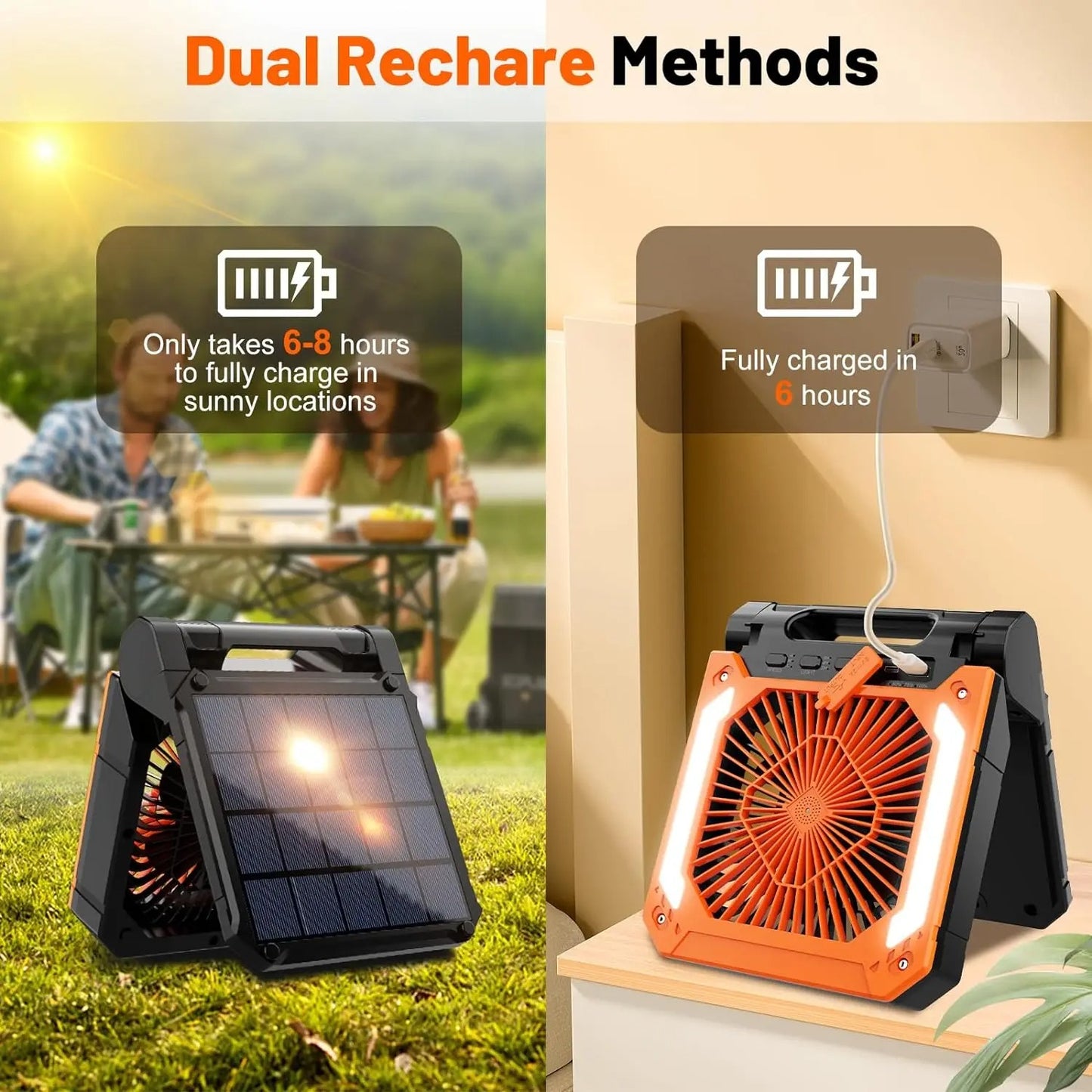 20000mAh Portable Electric Fan With Led Light Tent Car Camping Hook&USB&Solar
