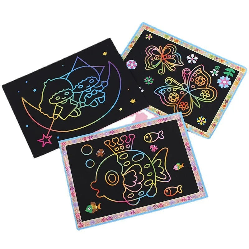 10pcs Scratch Art Paper Magic Painting Paper with Drawing Stick For Kids