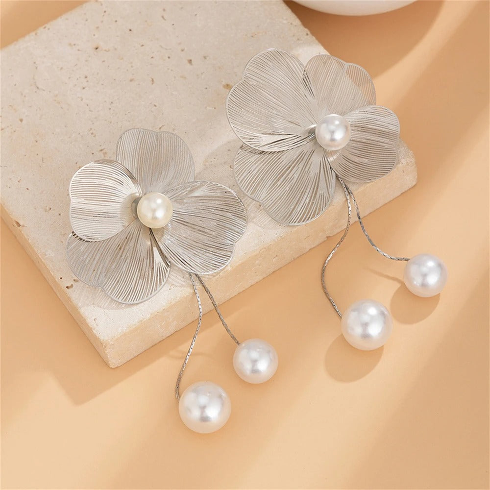 Fashion Large Flower Earring with Pearl Pendant