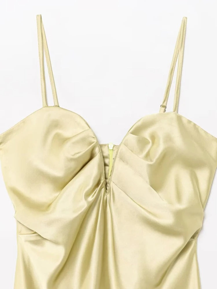 Women's Satin-Like Pleated Midi Dress with Sweetheart Neck