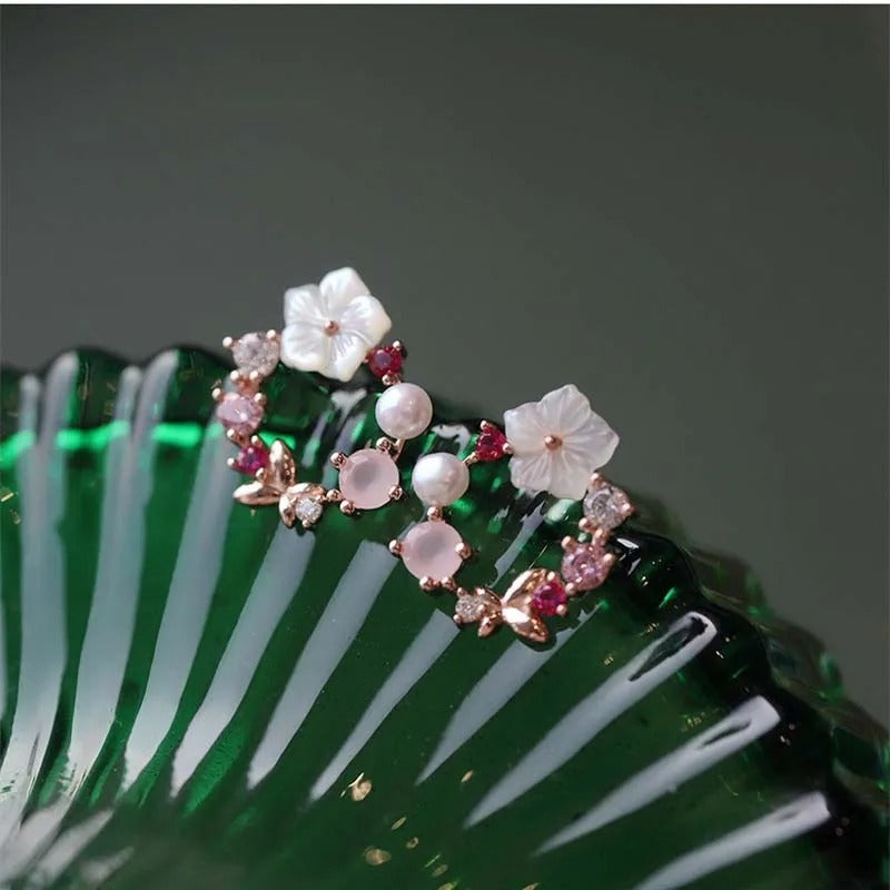 Pink Crystal Flower Pearl Butterfly Ear Studs