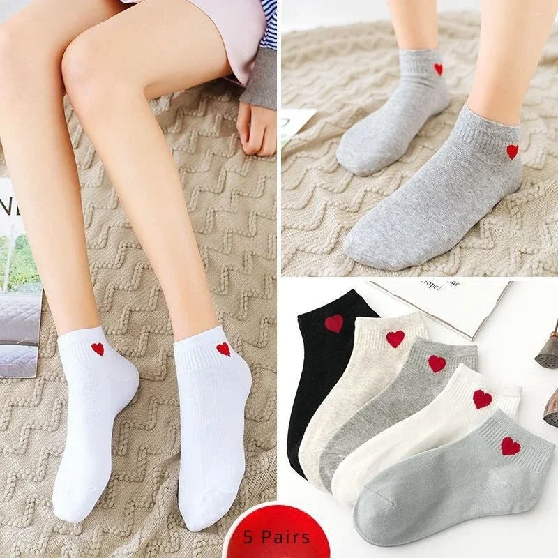 5 Pairs Lovely Heart Cotton Socks Women Summer Fashion