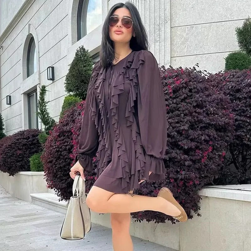 Ruffle Short Dresses 2025 Woman Pleated Long Sleeve Women's