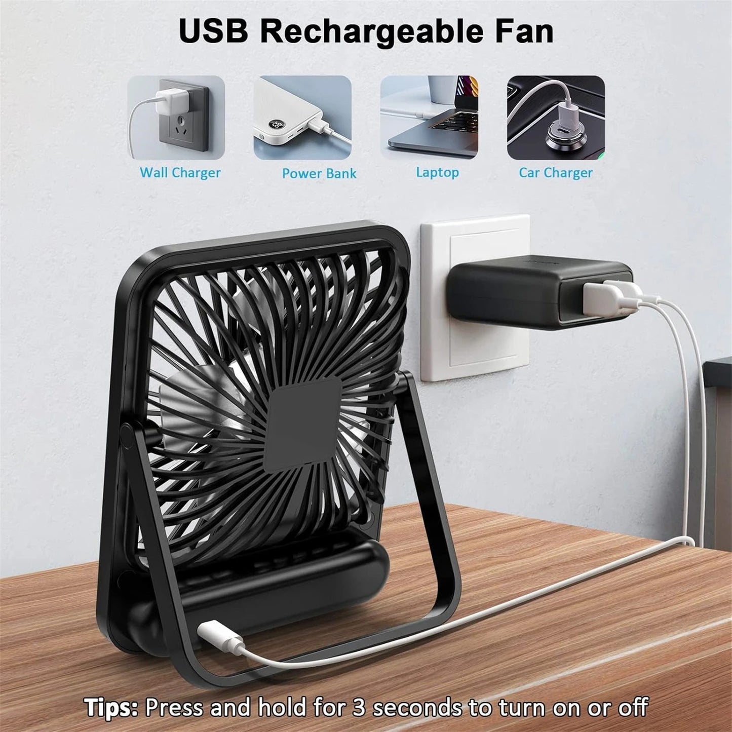 Desk Fan, Portable USB Rechargeable Fan, 180° Tilt Folding Personal Fan With Power Display