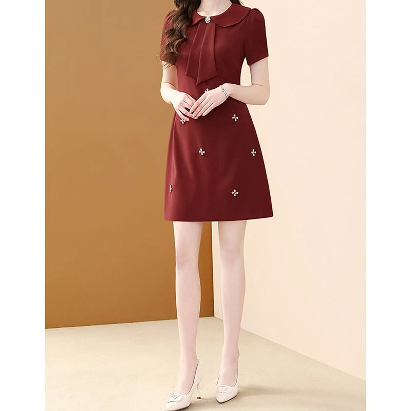 Woman Peter Pan Collar Solid Color Zipper A-line Skirt Light