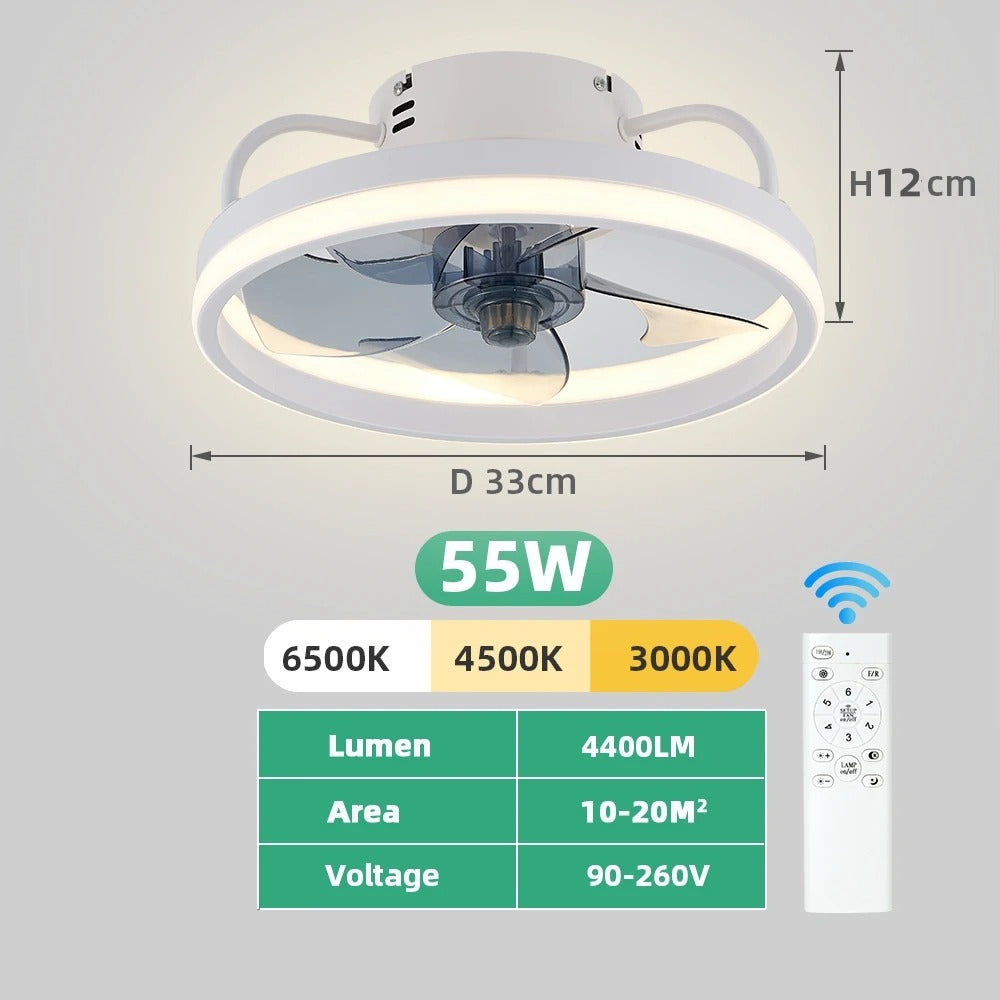 Modern LED ceiling fan with adjustable two-way blade timer and remote control tri-color