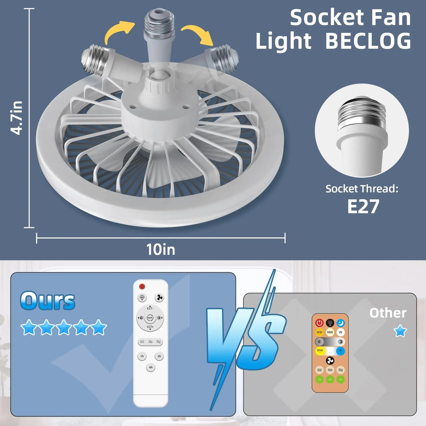 Socket Ceiling Fan With Light E27 3 Fan Speeds Dimmable 3 Light Colors Easy