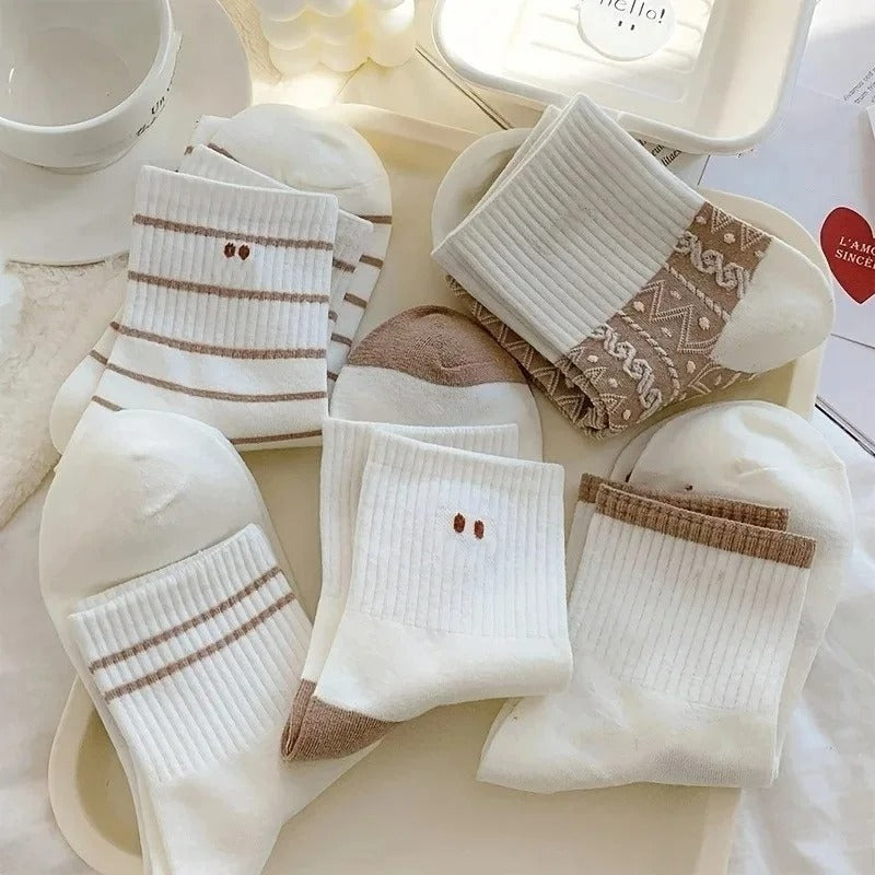 5 Pairs Cute Smiling Print Socks, Comfy & Soft