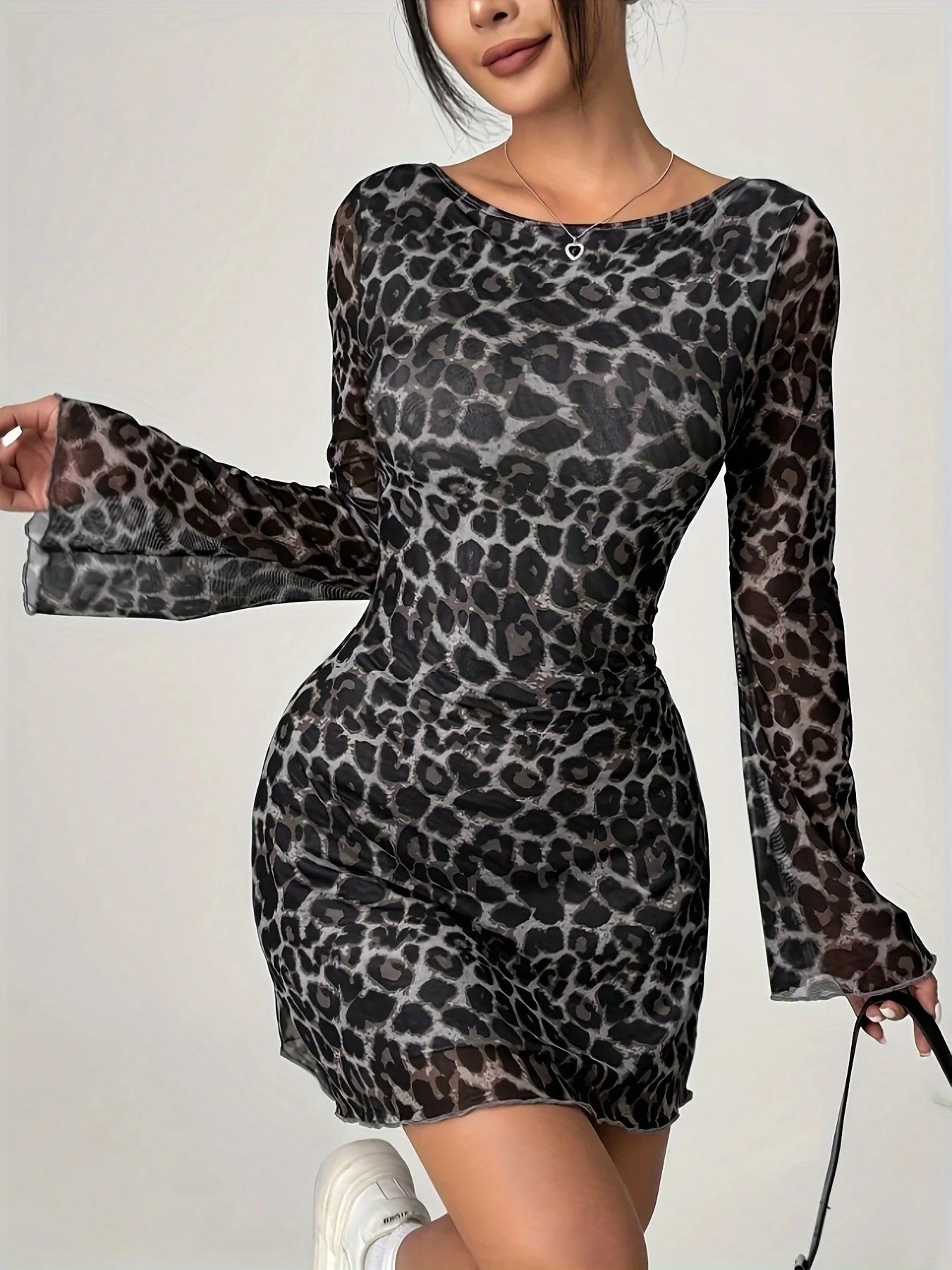 Grey leopard print long sleeved dress with printed backless flared sleeves