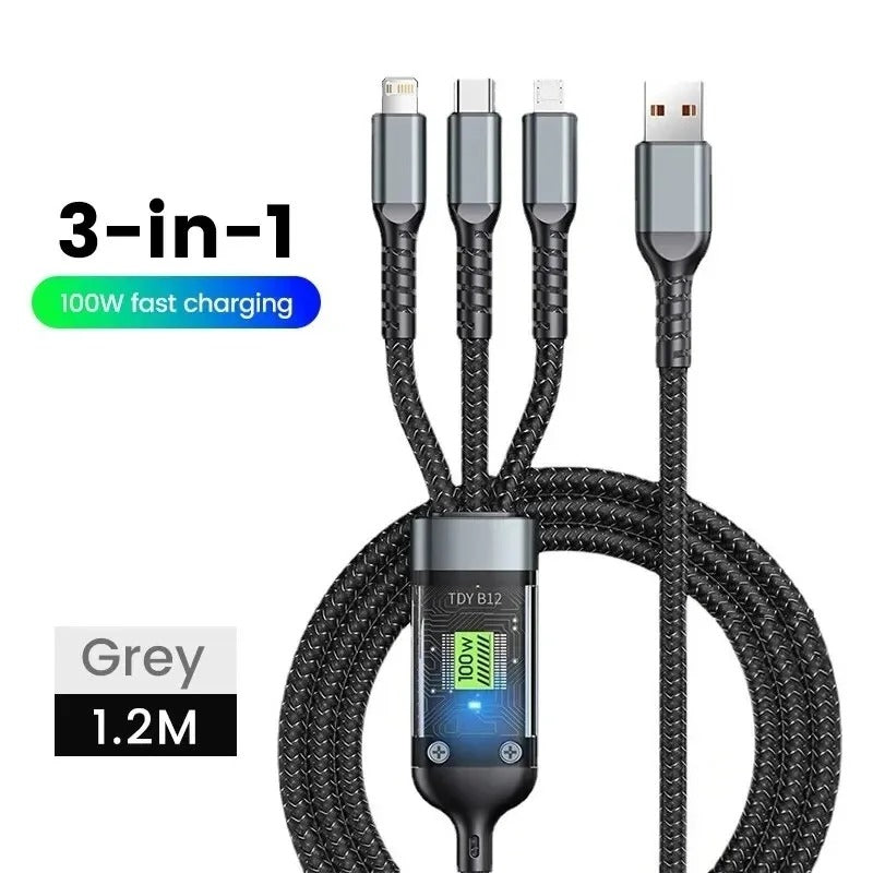 3 in 1 100W Fast Charging Cable USB Type C Cable