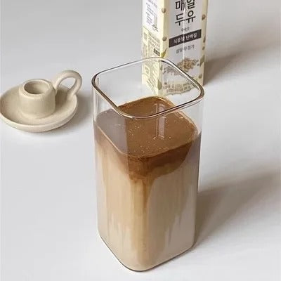 1Pcs Square Heat Resistant Coffee Glass Cup With Lid and Straw Transparent