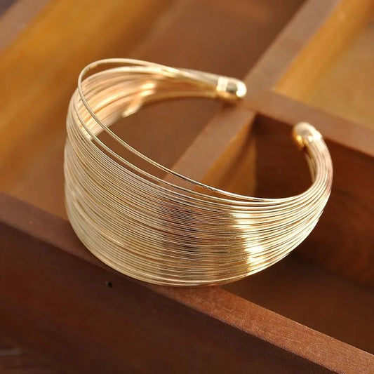 Vintage Gold Color Hyperbolic Layered Wide Wire Bracelet