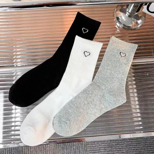 3 Pairs Women Solid Color Love Heart Black White