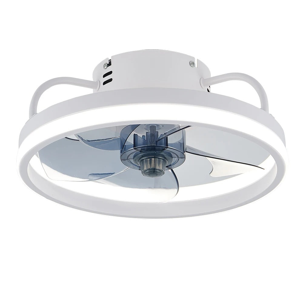 Modern LED ceiling fan with adjustable two-way blade timer and remote control tri-color