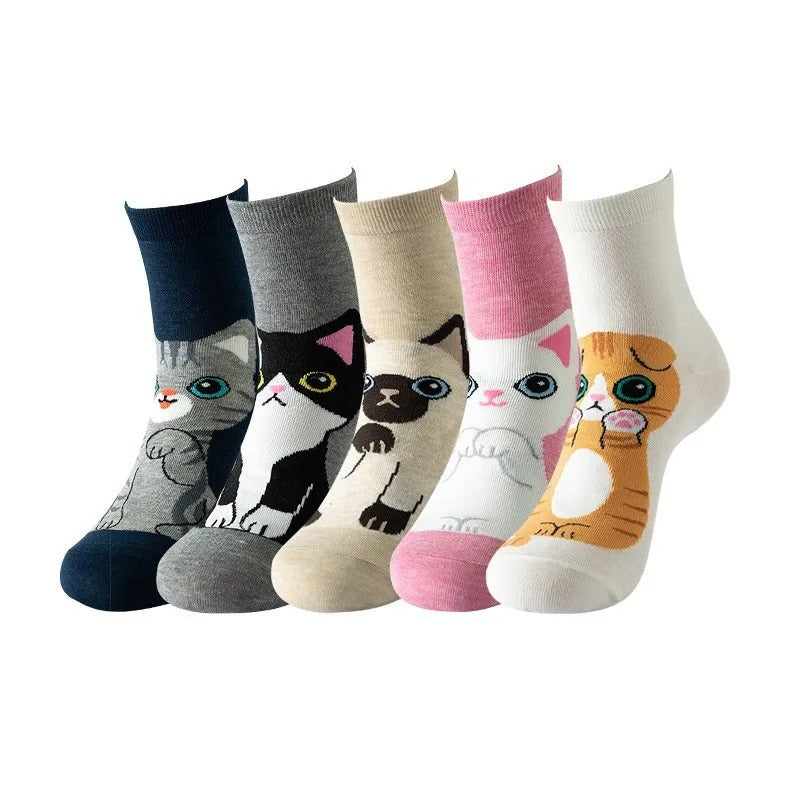 5 Pairs Women Socks Cartoon Cat Cute Funny