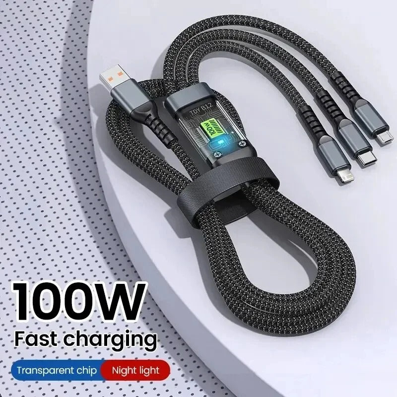 100W Luminous data cable 3 in1 mobile phone charging cable