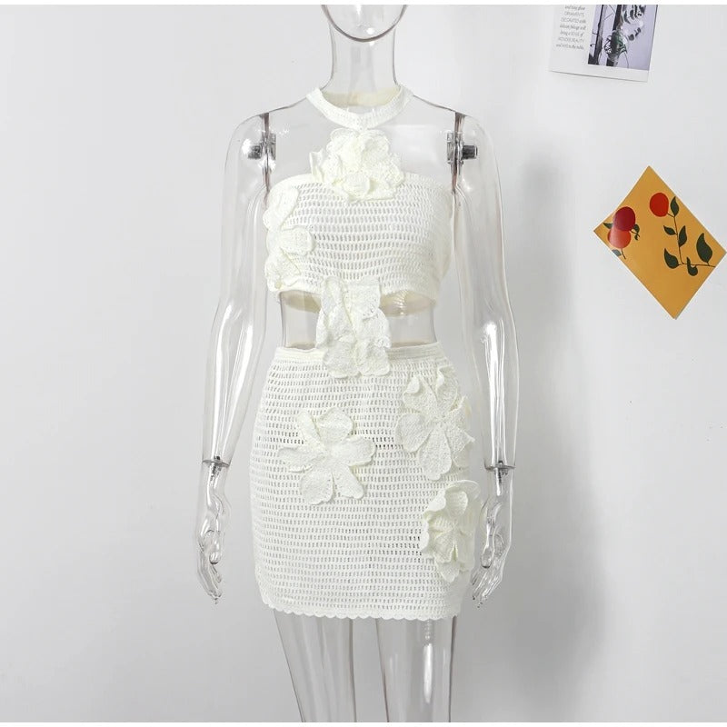 Knit 3D Flower Women Mini Dress Sexy Hollow Out Sleeveless