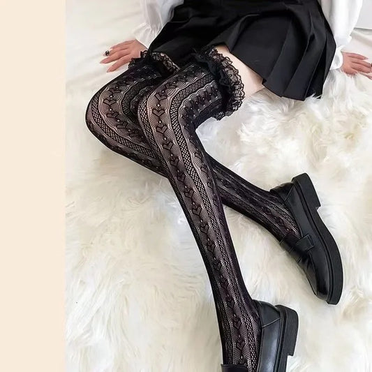 Women Sexy Lace Top Floral Rattan Fishnet Stockings
