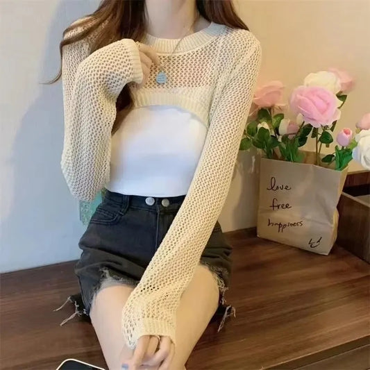 Women Crochet Knit Hollow Out Crop Top Long Flared Sleeve