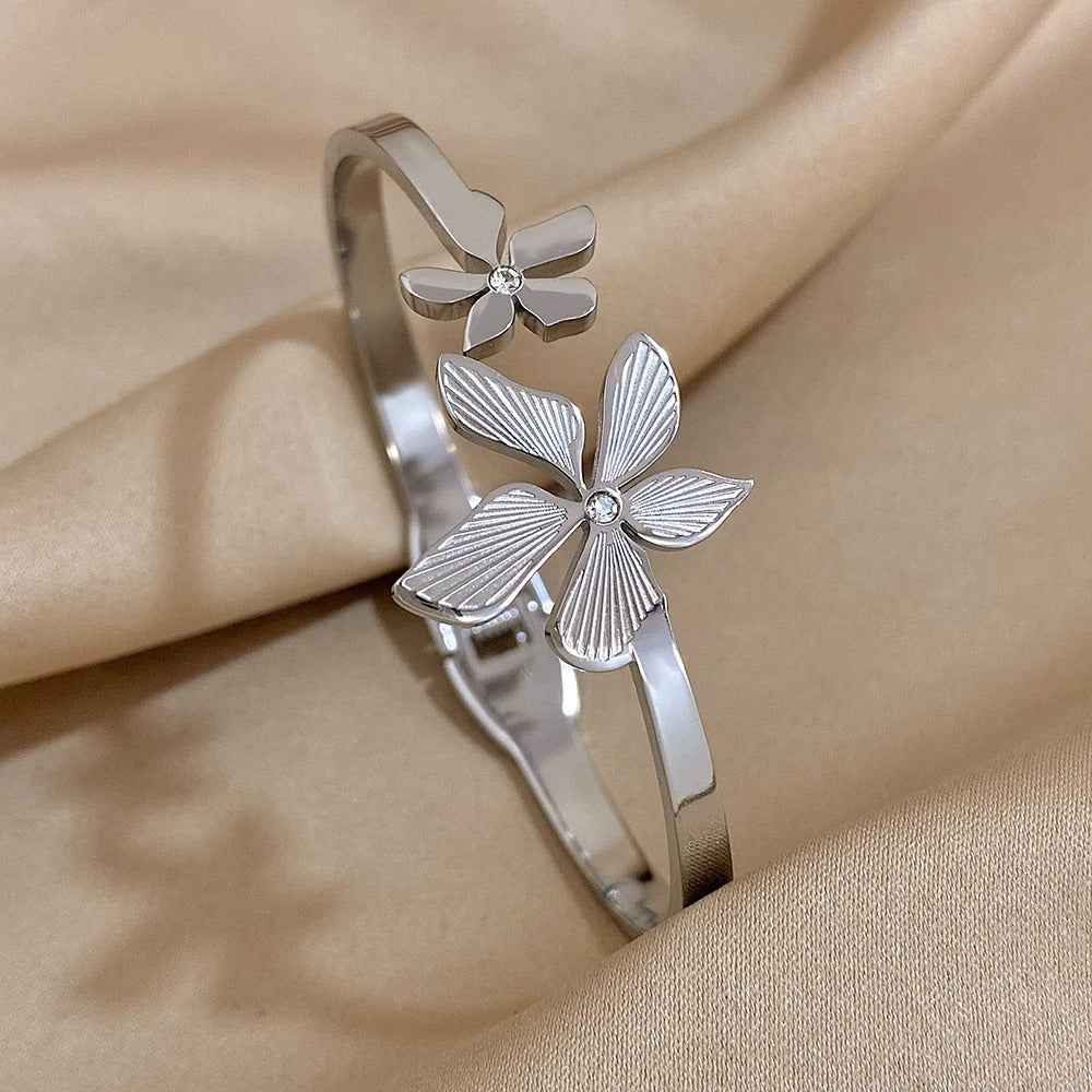 Stainless Steel Double Flower Cuff Bracelet Bangle