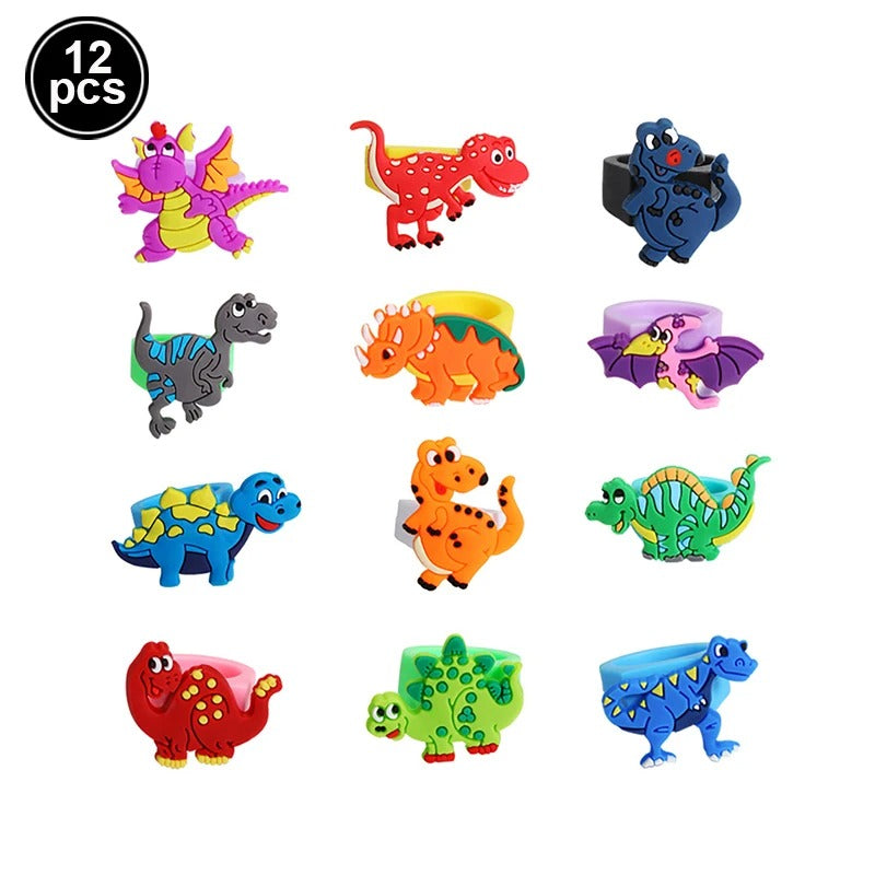 12pcs Cartoon Dinosaur Rubber Rings Soft Dino Ring Kids