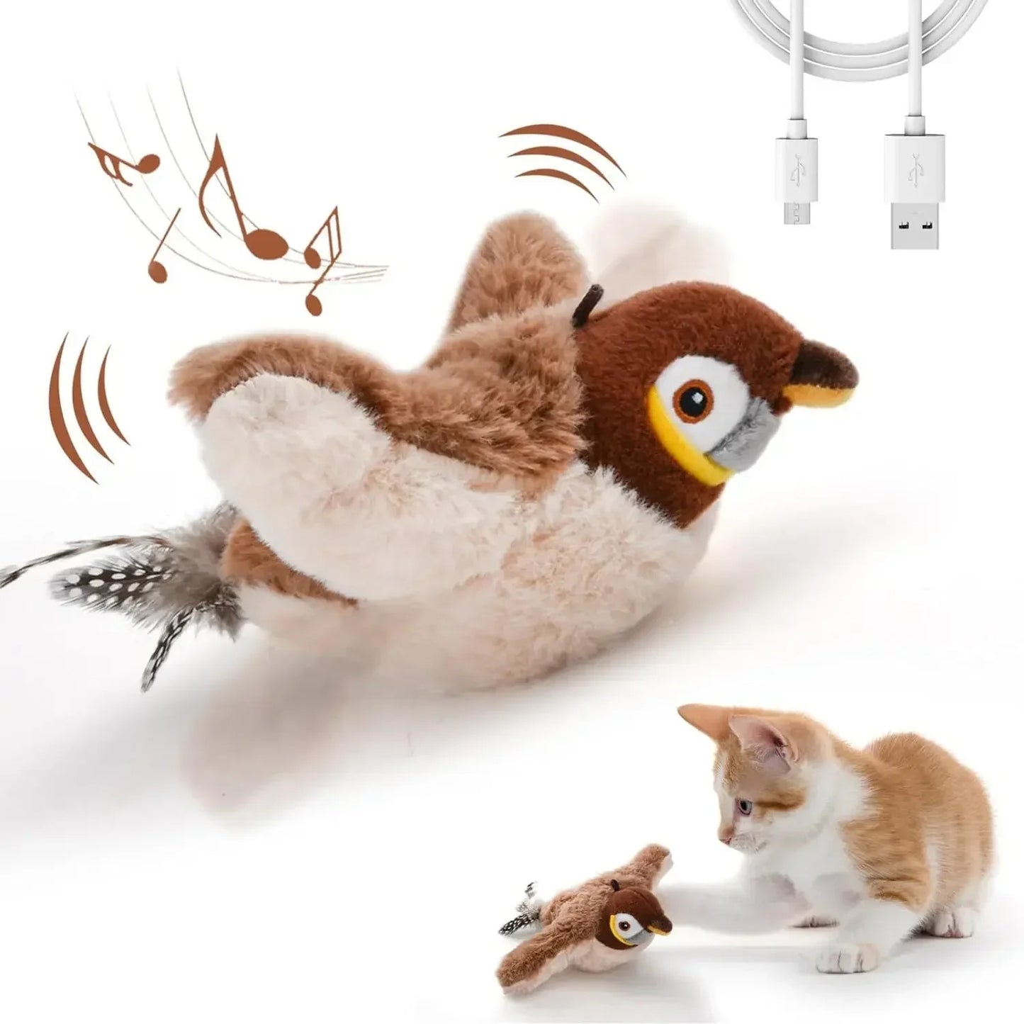Touch Sensitive Plush Cat Toy Rechargeable Chirping Flapping Bird